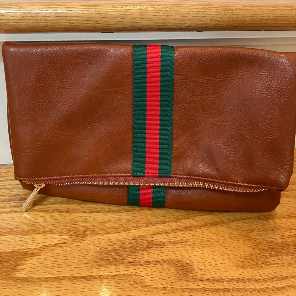 Funky Monkey preppy stripe foldover clutch green red stripe plenty of room. NWOT